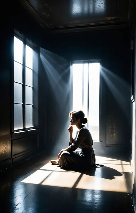 A woman sits in the corner of a large dark room,the only light is from the moonbeams coming through a framed window and the only thing illuminated is 50% of the woman and the floor,POV of the far corner of the room,somber mood,dust particles in the air cat...