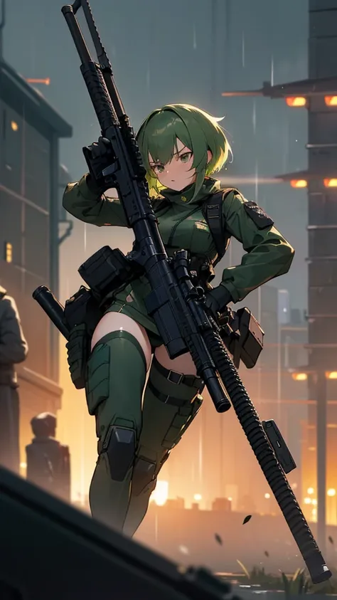 ((Best Quality)), ((Masterpiece)), (detailed), anime girl, short green hair, breasts exposed naked  , military , black futuristic tactic, tactical assault weapon, tactical equipment, angry, bothers, hull, special mission, At night, City, strong rain, in fo...