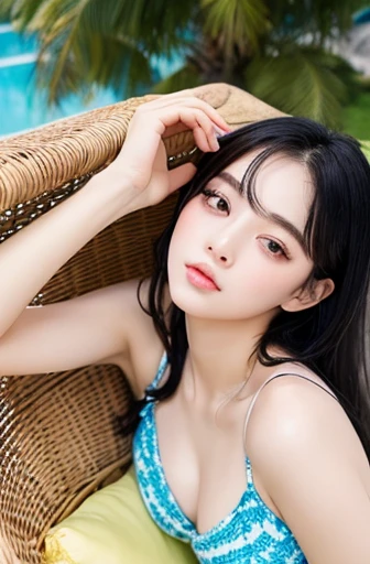 Images that include the person&#39;s surroundings、Half backlight、Blurred Background。
The light goes around、Halation or flare is observed.、Full body image、Photographic images。
Poolside with palm trees。
Wearing a summer dress、Lying on my back in a rattan roc...