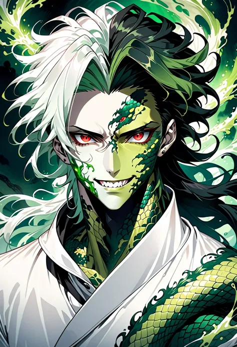 Generate an anime-style illustration of a teenage male character with the appearance of a Gorgon. He should have pale skin, sharp facial features, and a monstrous look, with green scales covering parts of his face and body. His hair should be made entirely...