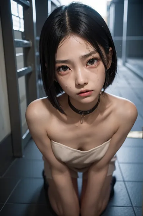 ((Highest quality)), ((masterpiece)), (detailed),nsfw, she is flat ,10 years old, small girl, slim, Black Bob, ((Narrow eyes)), Japanese, forehead, ((Frightened expression)), (crying), ((Jail)), choker, ahegao, looking at viewer, looking up,((single eyelid...