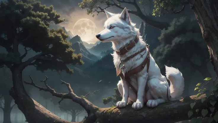 A white Big Fantasy Wolf sitting on top of a tree branch next to a moon