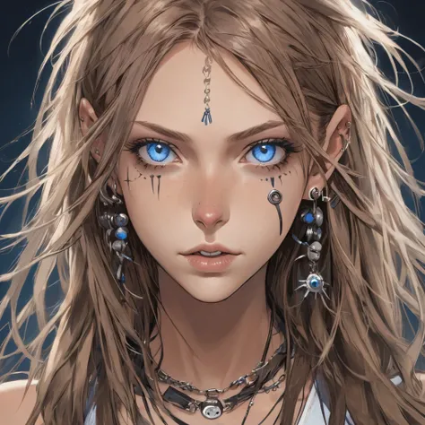 ((Best Quality)), ((Masterpiece)), (detailed), young girl with long, layered light brown hair. Blue-gray eyes, punk, piercings in his face like ears, lips and nose. tanned skin. not naked.