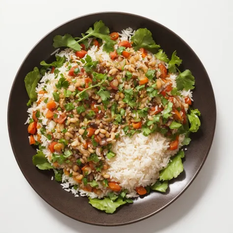 a small plate of vegetarian food with rice, bean, some salad and vegetables seen from above with a white background with a space to write next to it

