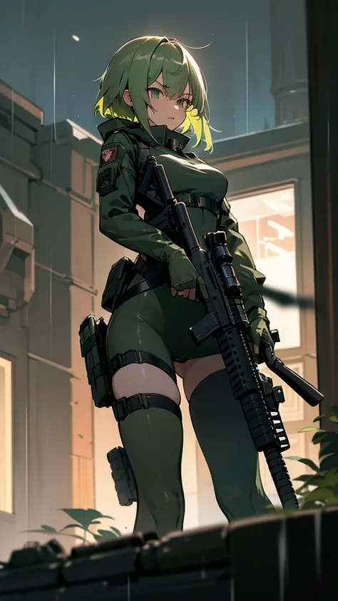 ((Best Quality)), ((Masterpiece)), (detailed), anime girl, short green hair, breasts exposed naked  , military , black futuristic tactic, tactical assault weapon, tactical equipment, angry, bothers, hull, special mission, At night, City, strong rain, in fo...