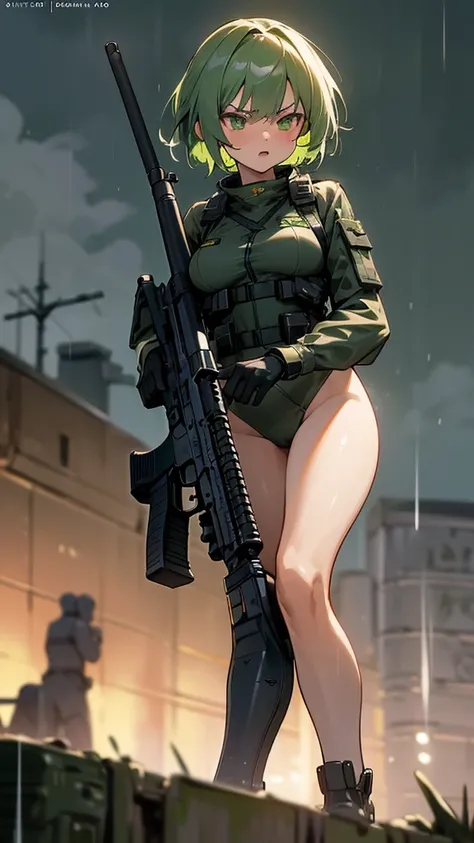 ((Best Quality)), ((Masterpiece)), (detailed), anime girl, short green hair, breasts exposed naked  , military , black futuristic tactic, tactical assault weapon, tactical equipment, angry, bothers, hull, special mission, At night, City, strong rain, in fo...