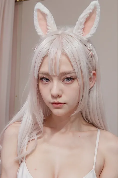 Manhwa artstyle, semi realistic, bunny girl, white hair with cute bunny ears, doe eyes, has a small mole under the left eye, pink eyes, albino, the room has a royal feel