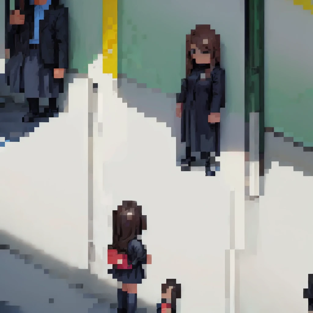 (pixel art_1.1)1female students, female students in front of me, female students is Sitting and sleeping on the train, standing on Young man, middle-aged Multiple Salaryman, pixel art, 8bit, NES