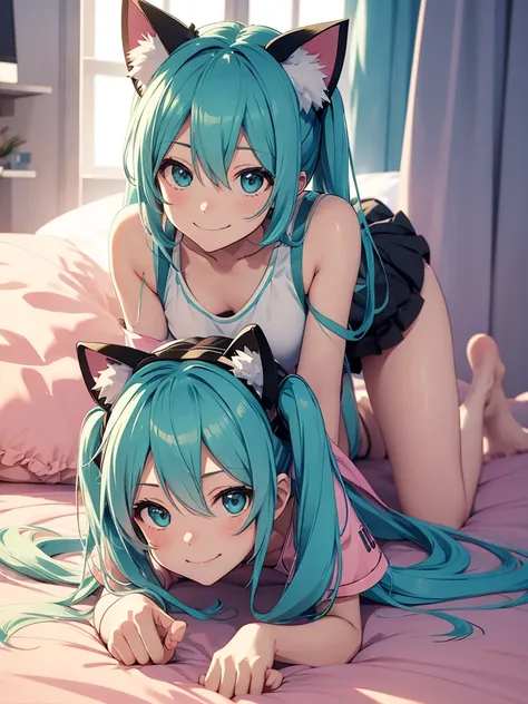 hatsune miku, pijama, cat ears, smiling, on all fours