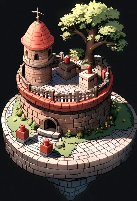 absurdres, best quality, fantasy, isometric, knolling style of (miniature brick round tower:1.2), tree, stone wall, (simple background:1.2)