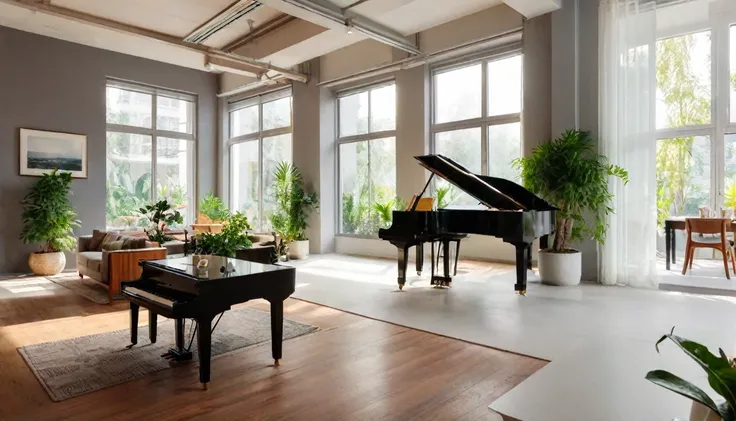 cafe, steaming coffee on the table, modern space, the plants are beautifully laid out.. window with plenty of sunlight, grand pi...