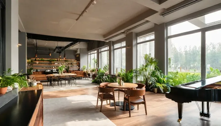 cafe, steaming coffee on the table, modern space, the plants are beautifully laid out.. window with plenty of sunlight, grand pi...