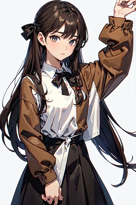 manwha style, girl, long straight brown hair, brown eyes, brown college blouse with long sleeves and underneath a white t-shirt and black bow on the neck, white background, confused look surrounded by "?¿"