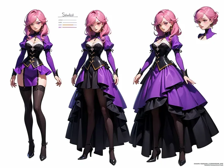 ((masterpiece)),(((best quality))),((character design sheet)), ((full body view)) illustration,1girl, muscular, ((tight purple dress:1.2)), pink hair, purpledress ((detailed face:1.4)) beautiful woman, tall hair, (black corset:1.2)shiny skin, scribbles and...