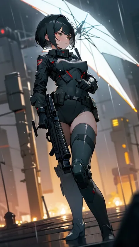 ((Best Quality)), ((Masterpiece)), (detailed), anime girl, short black hair, exposed nipple, sexy, , military , black futuristic tactic, tactical assault weapon, tactical equipment, angry, bothers, hull, special mission, At night, City, strong rain, in foc...