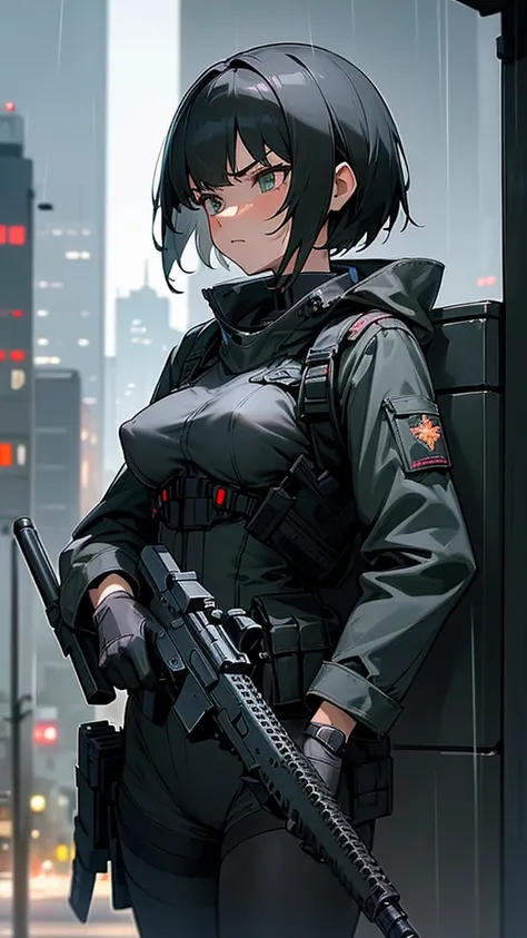 ((Best Quality)), ((Masterpiece)), (detailed), anime girl, short black hair, exposed nipple, sexy, , military , black futuristic tactic, tactical assault weapon, tactical equipment, angry, bothers, hull, special mission, At night, City, strong rain, in foc...