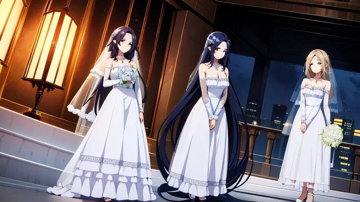 (4girls:1.5),pointy ears,necklace,Gem,Dark Blue hair,Dark Blue Eyes, Bangs, 
BREAK (transparent tulle wedding dress with long sleeve and long tail:1.5),
BREAK (Night:1.7), Japan, cyberpunk, CityView, Before Window, Standing at attention,armpits,arm up, exp...