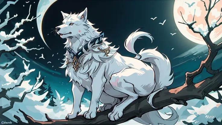 a white big fantasy wolf sitting on top of a tree branch next to a moon