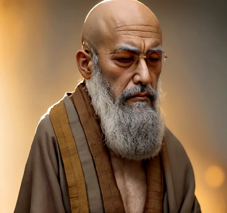 Create a highly detailed and realistic portrait of a monk with a bald head and a gray beard. The monk should be wearing traditional robes in shades of brown and orange, and he should have prayer beads around his neck. The background should be simple and sl...