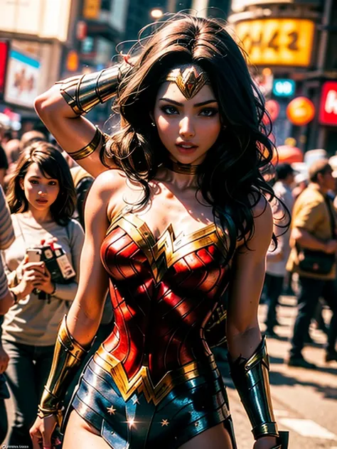 bokeh f1.8, ((bokeh light)), good anatomy, good eyes, work of art, cinematic light, {{Depth of field}}, hyper detail, 1womanl, trunk(Wonder Woman, Modeled by Victoria&#39;s secret, reinvented with a new outfit), with batman fighting in the background, Solt...