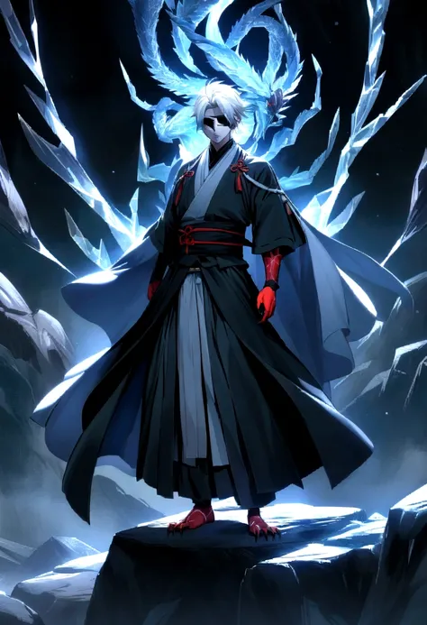 On a serene night, a young ninja with snow-white hair is standing on a rocky ledge, his face hidden by the gray mask of the Tsuchigumo clan. The mask covers the entire length of your face, from the forehead to the chin, adorned with striking red spirals th...