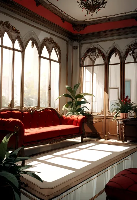 A room with tall white walls , Just a large whiteboard protected by glass, Sitting on a red sofa, There are two simple plants on either side of the sofa., The floor is made of light-colored wood, Decorations are few in light beige and red tones, The room i...