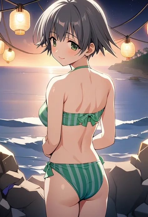 One girl,((Nozomi)),smile、Gentle expression、Tempting、The whole body is shown、night、Sandy Beach、Ocean、Illuminated by lights、Striped green swimsuit、looking back,from behind,A complete depiction of the human body,masterpiece, Highest quality, Game CG, ultra d...