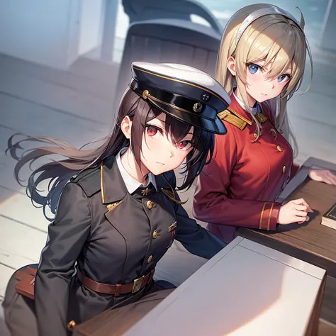 Create an anime character, wearing Soviet navy uniform during World War II, in a war scenario.