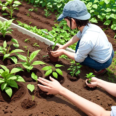 A person watering a newly planted plant