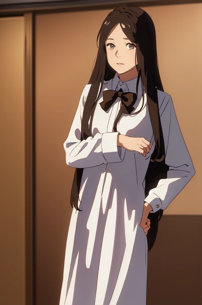 manwha style, girl, long straight brown hair, brown eyes, brown college blouse with long sleeves and underneath a white t-shirt and black bow on the neck, white background, confused look surrounded by "?¿"