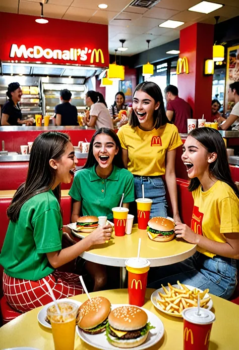 italy. A highly realistic scene of three italian teenage girls and one younger italian girl celebrating together at a McDonalds restaurant in the evening. The group is seated around a table filled with trays of hamburgers, fries, and cups of orange soda. T...