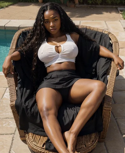 african girl, black ethnicity, wearing shirt and skirt top sexy,wavy  hair,  thick girl,in the shawer, with wet hair,open feet, lying in the chaise, 