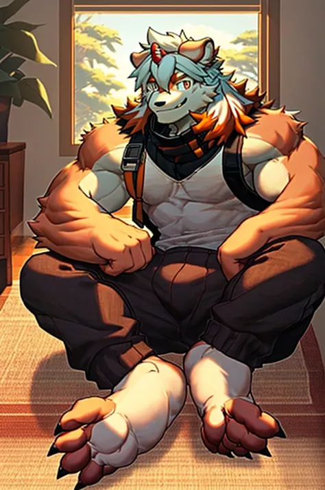 hung (/arknights/)，(best quality)，well-lit, male,inside a house, simplified background, solo, front facing, full body pose,sitting, muscular physique, upper body exposed, mischievous smile,strong and big feet,