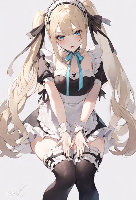 marie rose, maid uniform, headdress, black stockings, mansion, thiccwithaq art style, marie rose, cute, lewd, sexy, blowing kiss...