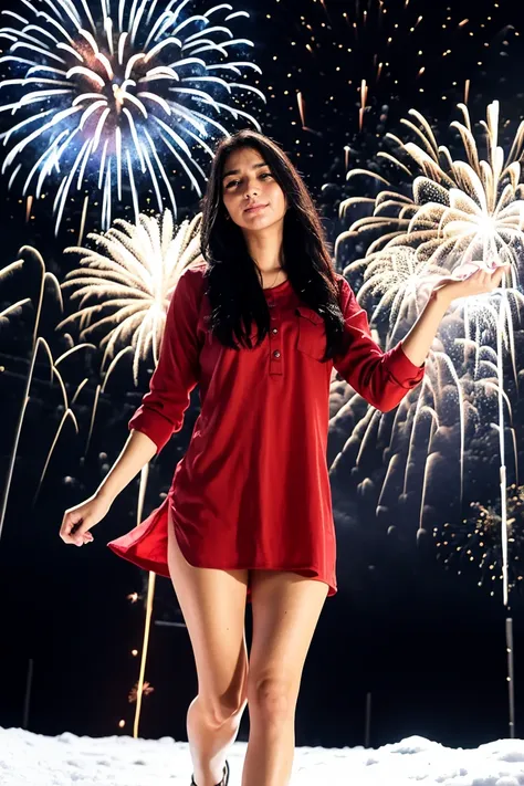 girl, happy new year, flare, ((firework:1.5)), night, night sky, perfect anatomy, outdoor, detailed face, detailed finger, perfe...