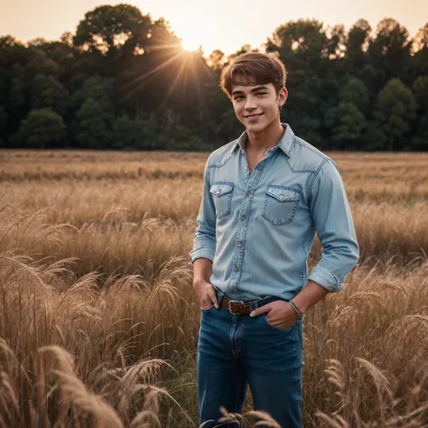 ((ultra detailed, masterpiece, best quality))
 MafiaLincoln, 1boy, solo, buzz cut, brown eyes, muscular, Amidst a field of tall grass, rugged jeans and a flannel shirt, golden hour sunlight casting a warm glow, hands casually in pockets with a carefree smi...