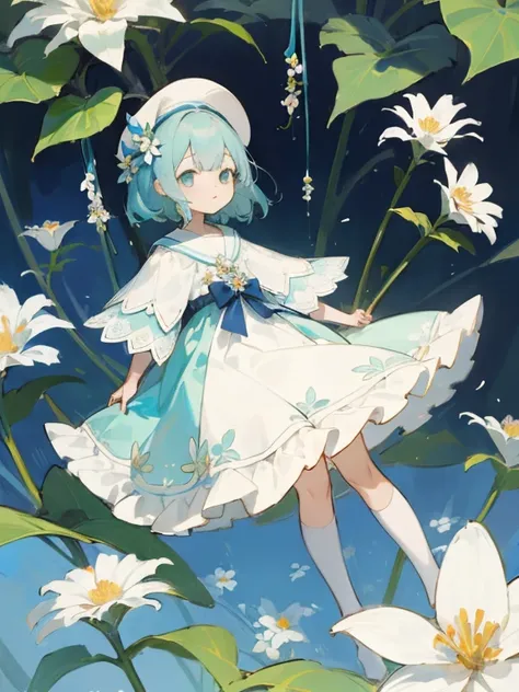 ((Highest quality)), ((masterpiece)), (detailed), One girl, cute、flower、light blue、Botanical、 No background、flowerのエフェクト、女の子とflowerだけ、