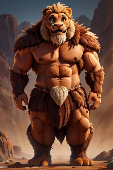 a massive, muscular barbarian lion, incredibly detailed and realistic, majestic, powerful, fierce, wild, glowing eyes, sharp teeth, flowing mane, textured fur, standing tall, in a desert landscape, dramatic lighting, dramatic shadows, hyper-detailed, 8k, p...