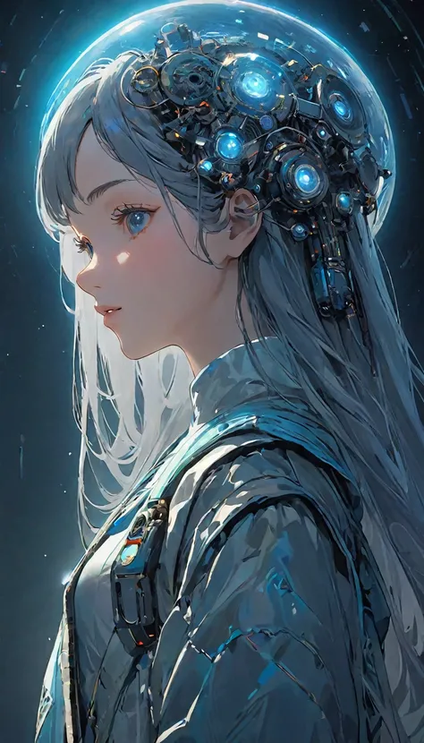 future world,人工知能のPerfectな例,5143 and later, 8K, Very detailed , Perfect，Extremely detailed face，16 year old girl，Eight-head body，#13: Silky Light Blue Hair，little girl，Futuristic Background，Night battle，Smile，((Wear a khaki military jacket,Japanese represe...