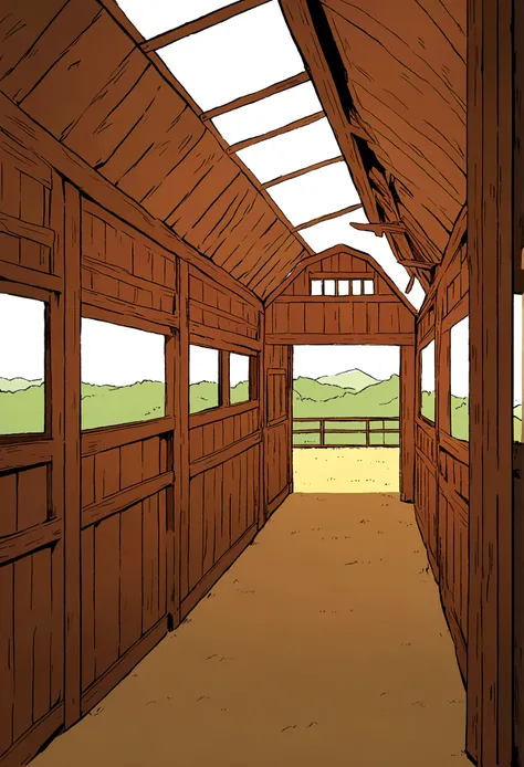 interior barn, farm, background illustration, anime style, lineless, stables