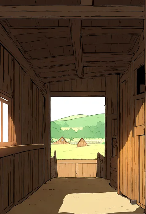 interior barn, farm, background illustration, anime style, lineless, stables