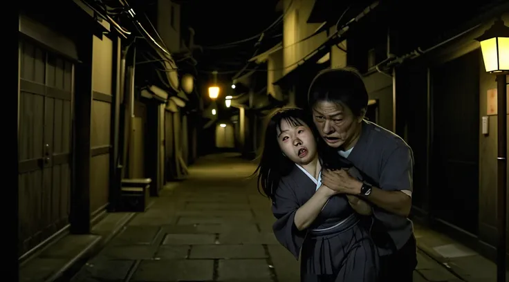 In a dark alleyway at night, a middle-aged Japanese man in his forties is attacking a young and cute 19-year-old Japanese woman. The dim light of a streetlamp barely illuminates the scene. The womans face is contorted with fear as she struggles desperately...