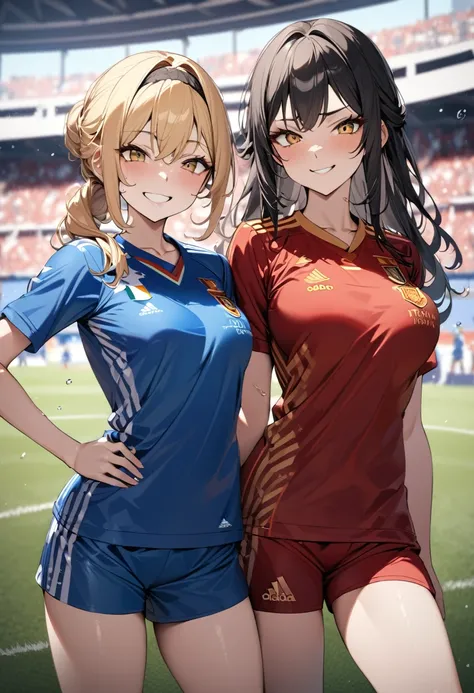 (award winning, 8k, super detailed, high resolution, best quality) , photography, (two girls), girl on the left with blonde hair in ((spain soccer uniform)) and smirk expression and small breasts, girl on the right with black hair in ((italy soccer uniform...