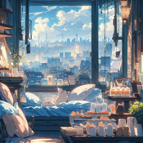 (masterpiece:1.2), best quality,PIXIV,cozy animation scenes,
scenery, cityscape, city, skyscraper, building, window, cloud, sky, food, indoors, computer, book, bed, table, clock, pillow, no humans, chair, cake, monitor, cup, plate, skyline, lying, HD, HDR,...