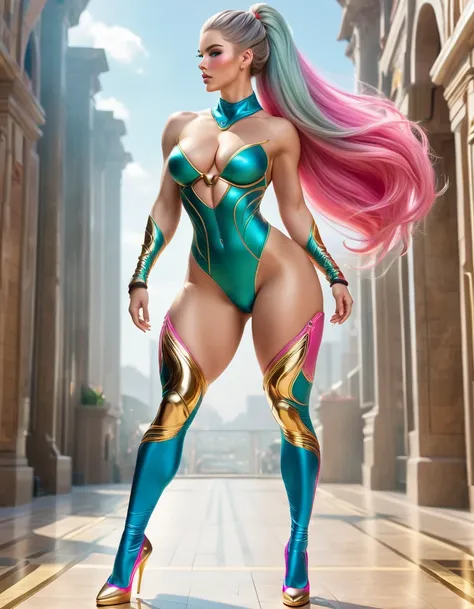 GORGEOUS GODDESS WOMAN , TALL WOMAN BODY, TALL WOMAN, STRONG CURVY ATHLETIC BODY, MUSCLES, BLUE PINK COSTUME, THONG BODYSUIT, GOLD DETAILS, EXPOSED GORGEOUS THIGHS, SWEATY GLUTES, STRONG GLUTES, GOLD TENIS, GOLD GAUNTLETS, HUGE LONG BLUE GREEN PINK HAIR, V...