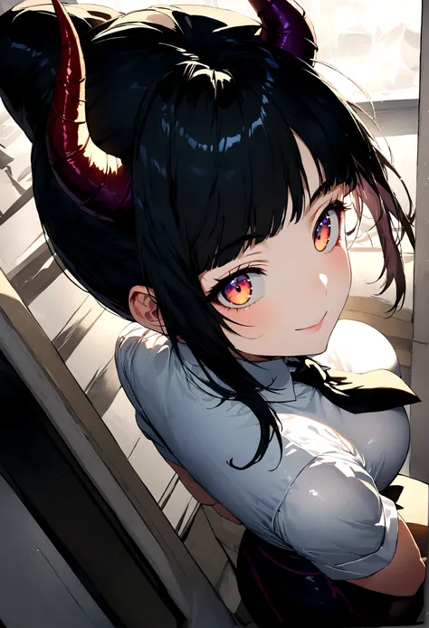 juri han, work of art, tight white secretary shirt with black tie, black high waist skirt, short skirt,stocking, black hair, black tights, smile,office,bangs on the eyes,lighting,horn of hair,view from above,staring overhead,shiny eyes
