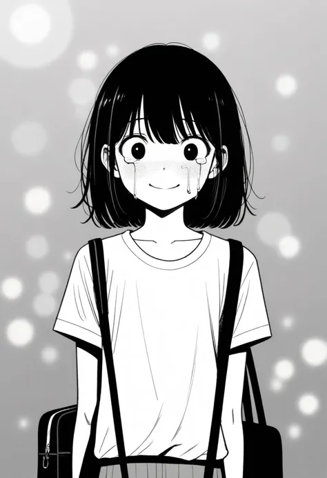 masterpiece, best quality, 1girl, mamerakkkkko, grayscale, manga style, japanese, chi no wadachi, black eyes, street, iced, black hair, schoolbag, smile, lineart, white background, white shirt, grey shorts, centered, 18 years old, tall, fair skinned, bokeh...