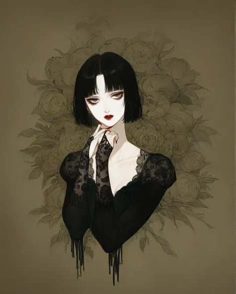 amano yoshitaka, a full-body, high-resolution anime style of a rebellious teenage female goth with short curly black hair, thin ...