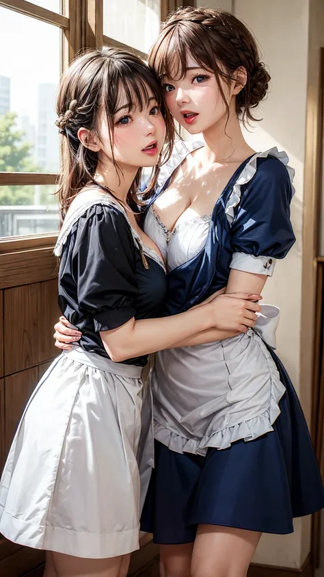 8K quality、High resolution、Two maids、Realistic skin texture、Two women make love to each other、High resolutionの肌、Women kissing with tongues entangled、Princess Hair、thin、Small and young breasts、Open the mouth to reveal a realistic tongue、Beautiful cleavage、G...