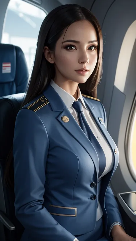 a beautiful woman in a flight attendant uniform, intricate detailed portrait, photorealistic, high resolution, HDR, 8K, masterpiece, cinematic lighting, epic background, shallow depth of field, best quality